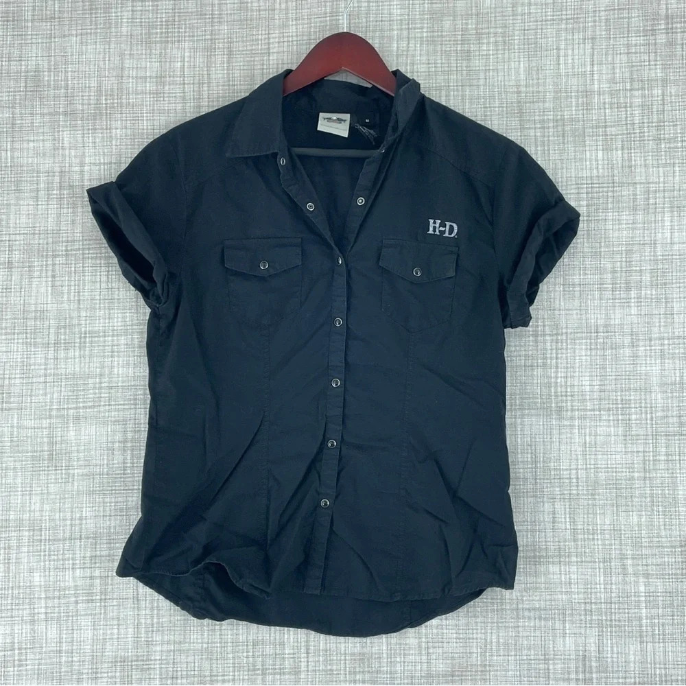 Harley Davidson shirt Womens Size M short sleeve button down black 0652